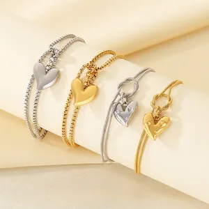 Heart Pendant Double Layer Bracelet Stainless Steel Snake Box Chain Polished Jewelry Gift For Women