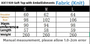 Size chart showing soft knit top and midi skirt dimensions for S, M, and L sizes