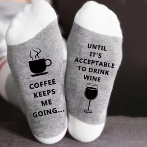 Funny grey cotton socks featuring coffee and wine themed English text for men and women