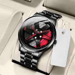 Men's sport watch with black steel strap and creative 3D car wheel hub dial design