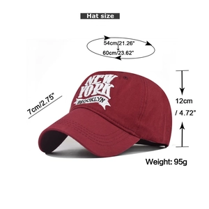Detailed view of burgundy cotton baseball cap with New York embroidery and size dimensions