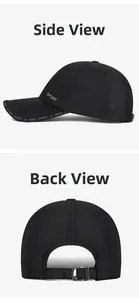 Side and rear view of black quick-dry sport cap with mesh fabric and adjustable buckle