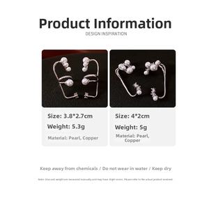 Detailed view of elegant pearl and zircon ear cuffs with specific dimensions and weight specs