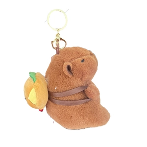 Plush Capybara keychain in brown fur with a small burger backpack on white background