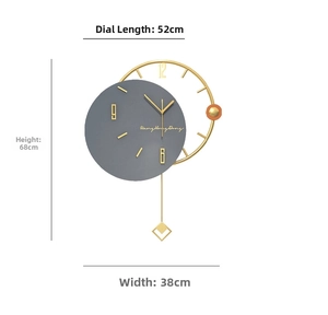 Detail view of modern grey and gold wall clock with size measurements 52x68cm