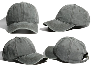 Detalle de gorra de béisbol de algodón lavado vintage con hebilla ajustable y costuras