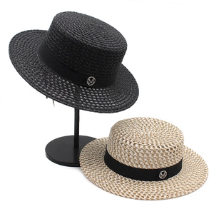 Women Woven Straw Boater Hat Sun Protection Summer Beach Flat Top Wide Brim Ribbon Rhinestone Letter Decor