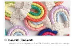Macro shot of handmade woven cotton rainbow keychain with tassels and colorful braided texture