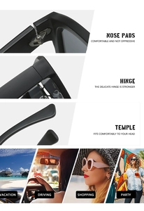 Détails de lunettes de soleil carrées montrant les charnières, plaquettes et l'usage quotidien