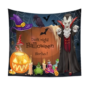 Detail of Halloween tapestry with Dracula, pumpkins, and a dark night slogan