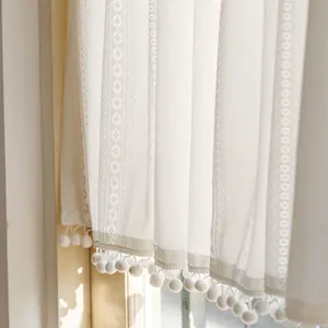 Modern white minimalist lace cafe curtain with wavy embroidery and soft pompom trim