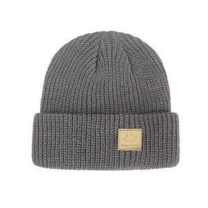 Detail of grey knitted beanie with a yellow smiley face patch and Happy Beanies text