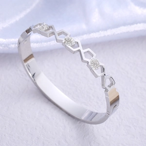 Silver hollow hexagonal honeycomb bangle with sparkling rhinestones in stainless steel