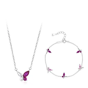 Collier Et Bracelet Papillon En Argent Sterling 925 Avec Zircon Rose Violet Bijoux Doux Romantiques Pour Femmes