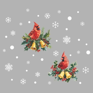 Stickers muraux cardinaux de Noël et cloches dorées avec baies de houx et flocons de neige
