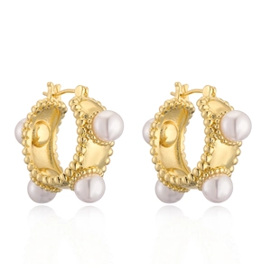 Gold-plated pearl hoop earrings with vintage milgrain edges on white background