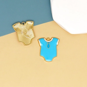 Detail of blue enamel and gold alloy baby bodysuit pendants for DIY jewelry making