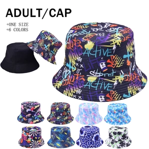 Reversible Cotton Bucket Hat Graffiti Print Sun Protection Streetwear Hip Hop Wide Brim Unisex