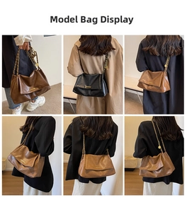 Detail shots showing retro tote bag with gold chain strap and metal pendant accents
