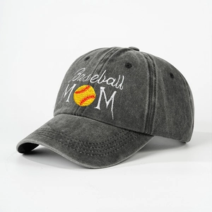 Close-up of Baseball MOM embroidery with baseball icon on washed grey cotton cap