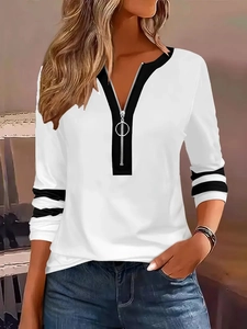 Women's V-neck striped pullover sweatshirt with long sleeves and zipper detail in white