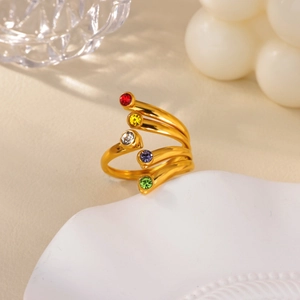 18K gold multi-color zircon spiral ring with five colored stones in a luxury setting