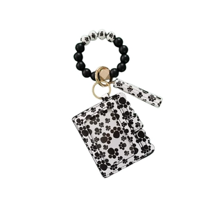 Silicone bead keychain bracelet with black white paw print card holder and tassel
