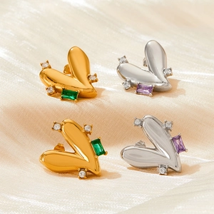 Elegant heart-shaped stainless steel earrings with sparkling zirconia and colorful gemstones