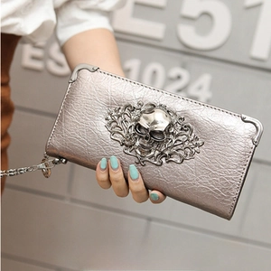 Silver skull embossed punk long wallet for women with metal chain handle and zipper