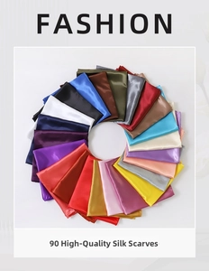 Detailed palette of 90cm satin square scarves in various vibrant glossy colors