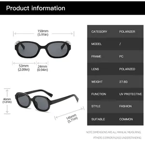 Detailed sizing chart and technical specifications for oval polarized sunglasses
