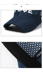 Detail of breathable mesh baseball cap showing long brim and internal sweatband