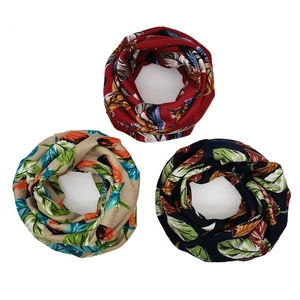 Multicolor feather print infinity scarves in burgundy, beige and navy blue windproof fabric