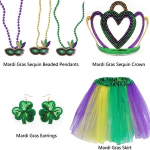 Mardi Gras accessories set with purple gold green mask necklaces crown and tutu skirt