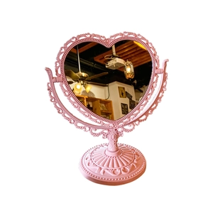 Vintage pink heart-shaped tabletop mirror with rotatable dual-sided European design