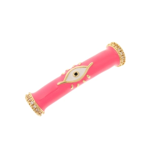 Pink enamel tube bead with golden evil eye charm and sparkling crystal pavé edges