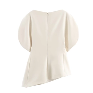 Women's cream puff sleeve top with asymmetrical hem and invisible back zipper closure