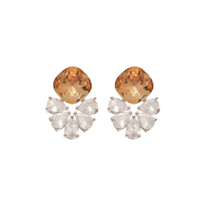 Elegant silver stud earrings with amber cushion gem and white teardrop zircons