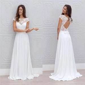 Elegant white lace and chiffon wedding dress with cap sleeves and open back design