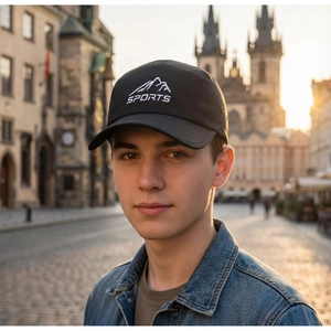 Dettaglio del cappellino sportivo nero con logo montagna indossato in un contesto urbano aperto