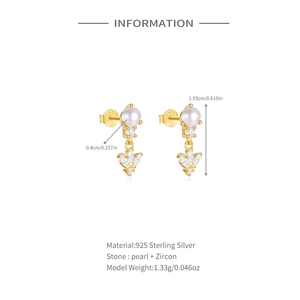 Detailed view of S925 silver pearl drop earrings with size guide and zircon accents