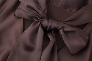 Macro view of dark brown satin dress detailing a silky bow with a smooth finish