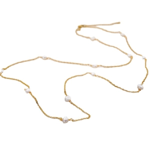 Elegant long gold chain necklace with layered freshwater baroque pearls for women