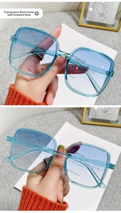 Macro detail of square blue sunglasses with transparent frames and gradient blue lenses