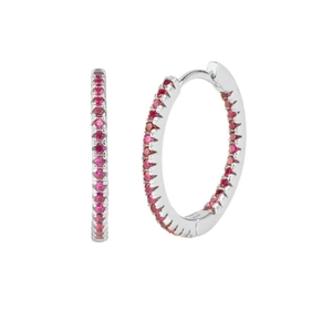 Close-up of S925 silver hoop earrings with pavé set vibrant red cubic zirconia stones