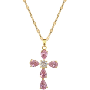 Luxurious gold titanium necklace with cross pendant featuring pink teardrop gemstones