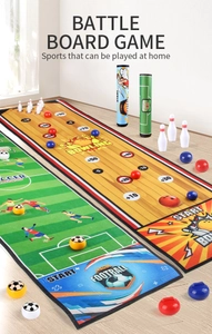 Detail of soccer and bowling tabletop game mats with mini pins and sliding pucks