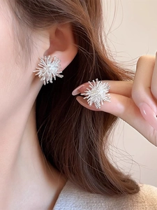 Detail of silver firework stud earrings with zircon crystals worn by a model