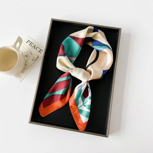 70x70cm elegant silk square scarf with colorful geometric and tropical leaf patterns