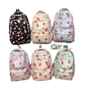 Multi-colored strawberry print backpacks for school girls in black, blue, purple, and pink